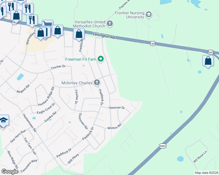 map of restaurants, bars, coffee shops, grocery stores, and more near 360 Gleneagles Way in Versailles