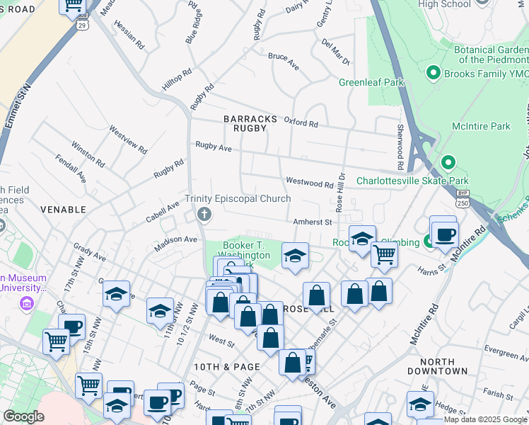 map of restaurants, bars, coffee shops, grocery stores, and more near 1613 Amherst Street in Charlottesville