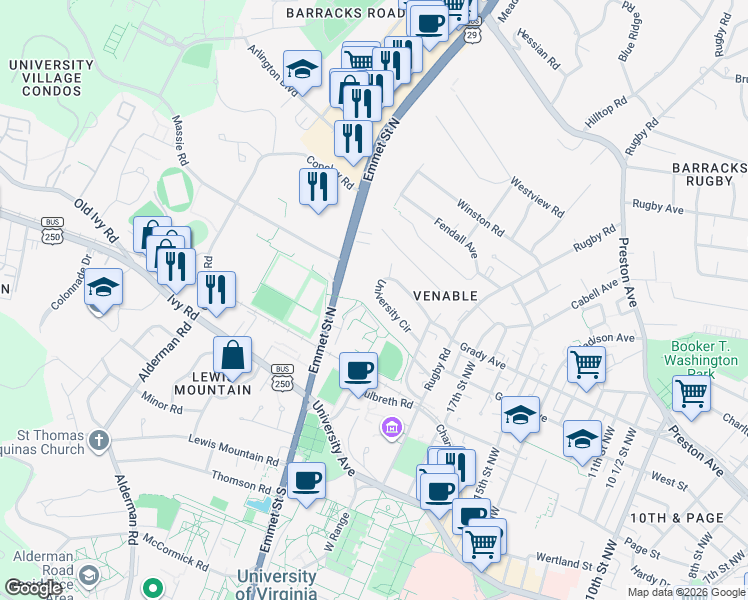 map of restaurants, bars, coffee shops, grocery stores, and more near 29 University Circle in Charlottesville