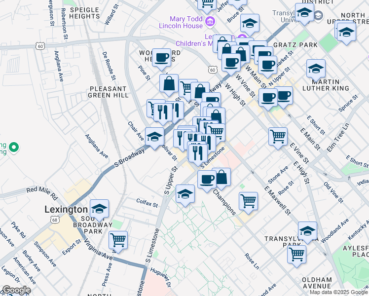 map of restaurants, bars, coffee shops, grocery stores, and more near 614 South Mill Street in Lexington
