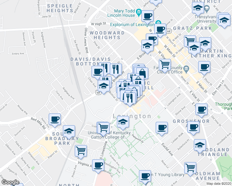 map of restaurants, bars, coffee shops, grocery stores, and more near 614 South Mill Street in Lexington