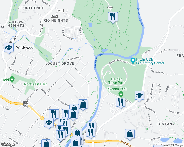 map of restaurants, bars, coffee shops, grocery stores, and more near 1112 River Court in Charlottesville