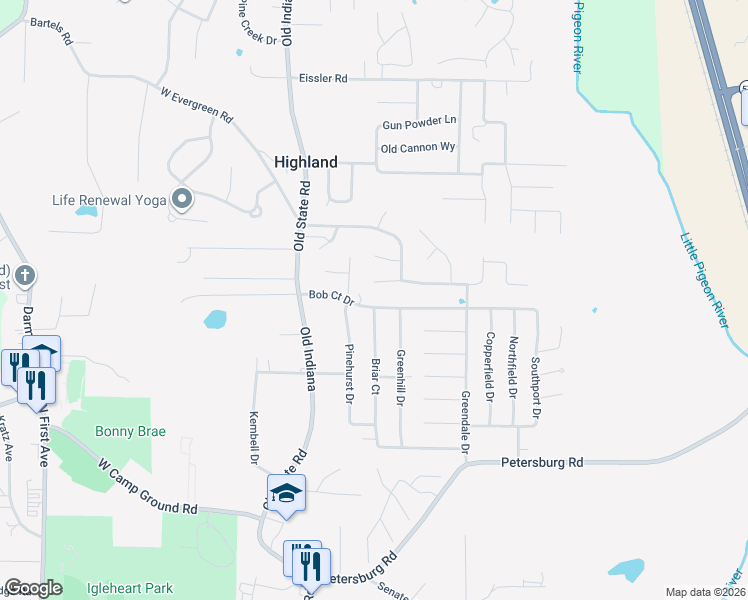 map of restaurants, bars, coffee shops, grocery stores, and more near 304 Bob Court Drive in Evansville