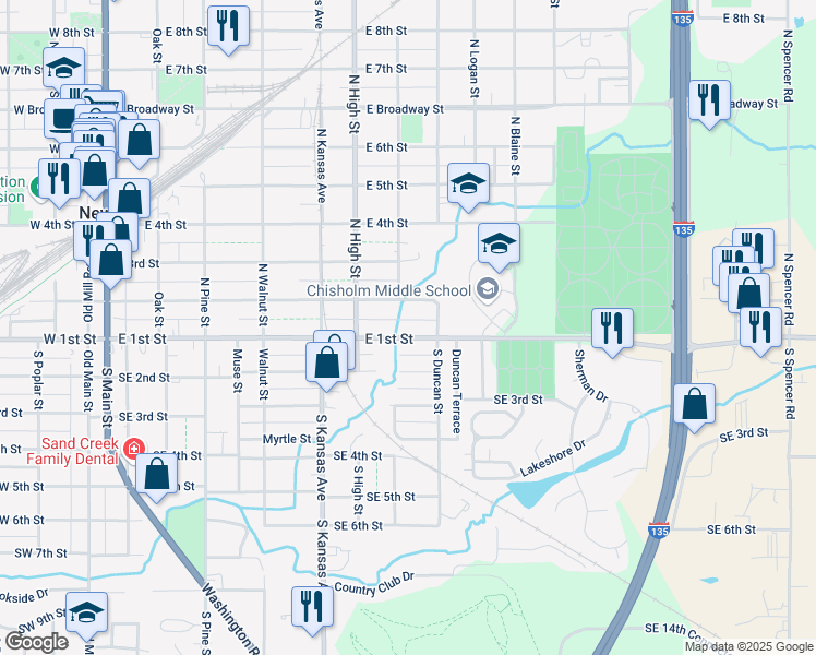 map of restaurants, bars, coffee shops, grocery stores, and more near 708 East 1st Street in Newton