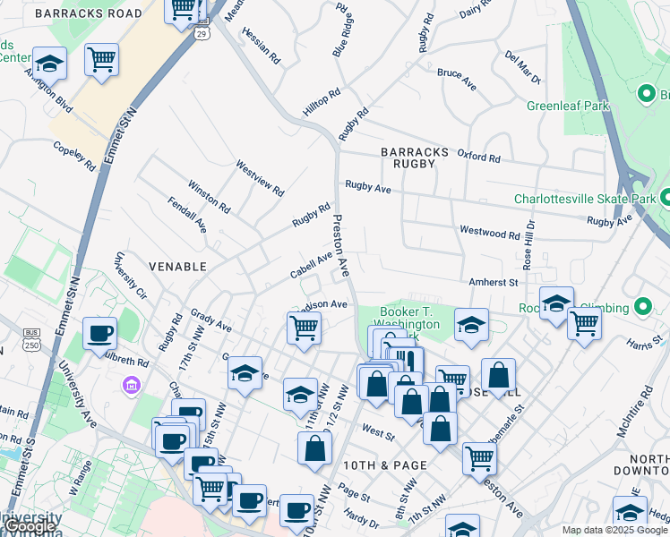map of restaurants, bars, coffee shops, grocery stores, and more near 1129 Preston Avenue in Charlottesville