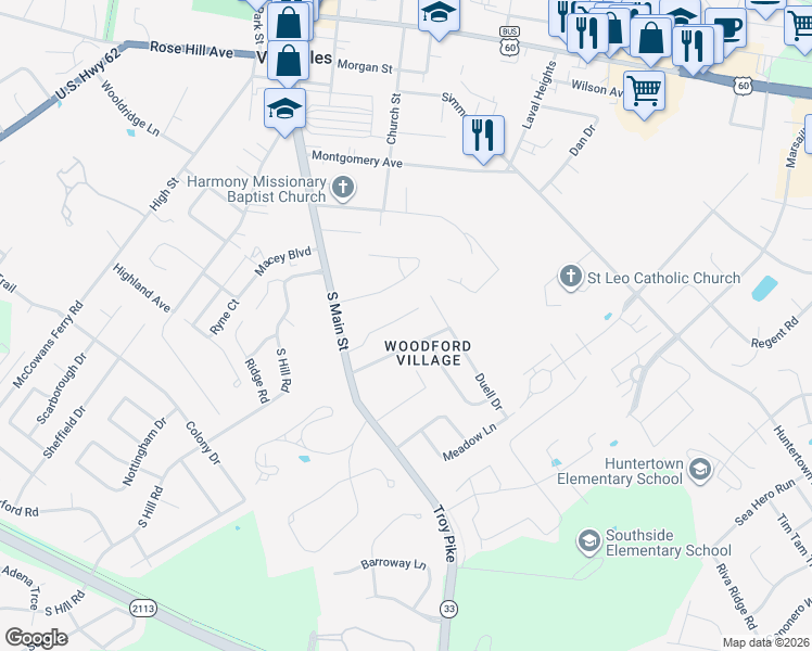 map of restaurants, bars, coffee shops, grocery stores, and more near 110 Woodford Village Drive in Versailles