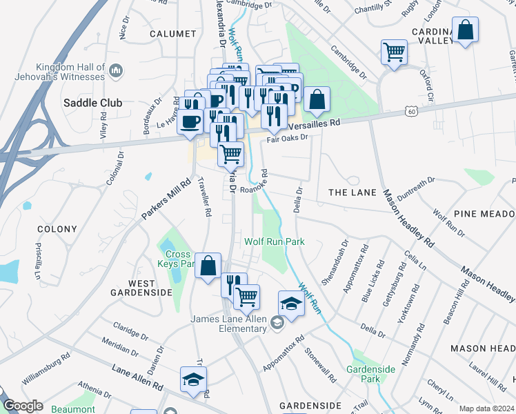map of restaurants, bars, coffee shops, grocery stores, and more near 1618 Maywick View Lane in Lexington