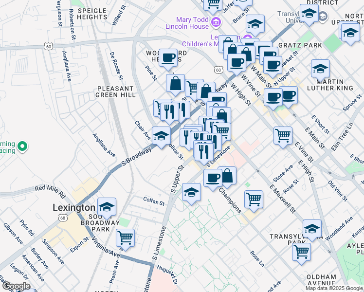 map of restaurants, bars, coffee shops, grocery stores, and more near 650 South Mill Street in Lexington