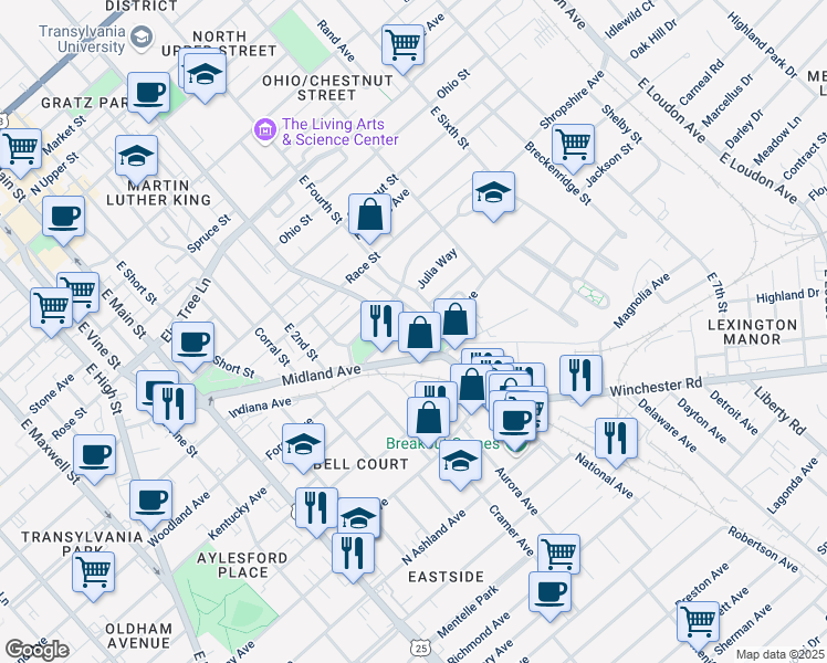 map of restaurants, bars, coffee shops, grocery stores, and more near 313 Withrow Way in Lexington