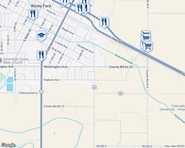 map of restaurants, bars, coffee shops, grocery stores, and more near 1103 South 19th Street in Rocky Ford