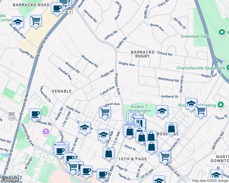 map of restaurants, bars, coffee shops, grocery stores, and more near 1123-29 Preston Avenue in Charlottesville
