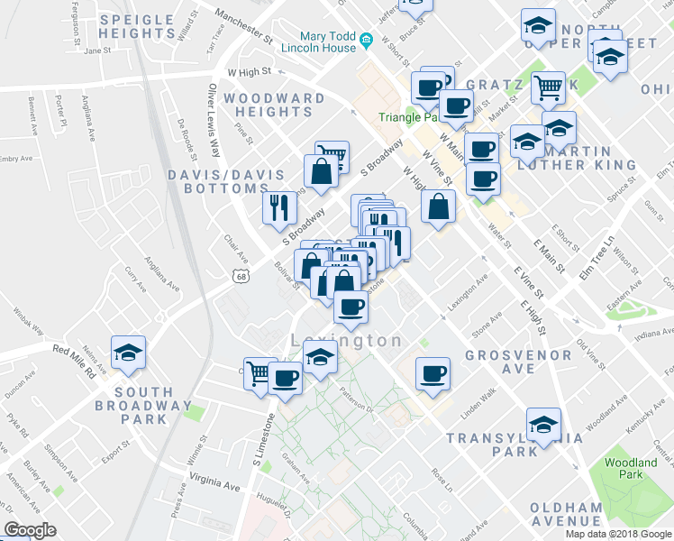 map of restaurants, bars, coffee shops, grocery stores, and more near 523 South Upper Street in Lexington