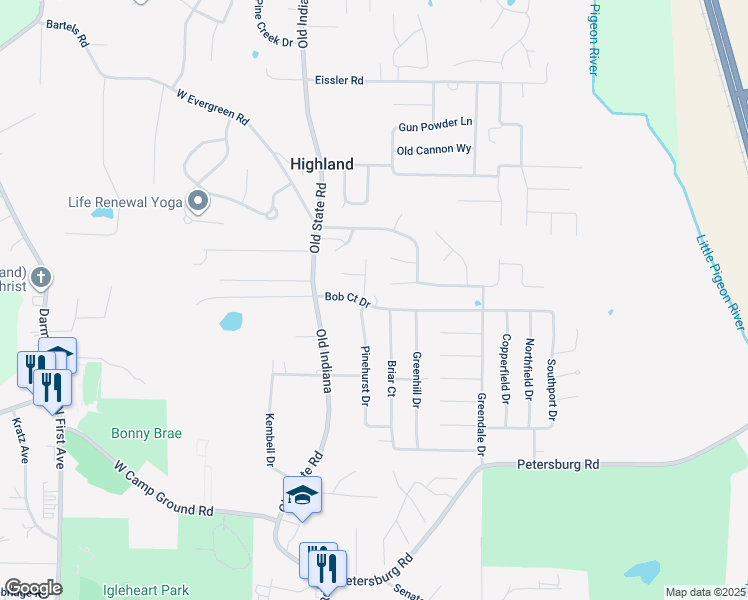 map of restaurants, bars, coffee shops, grocery stores, and more near 304 Bob Court Drive in Evansville
