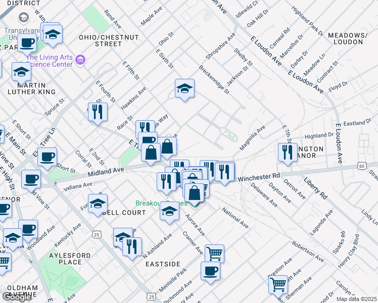 map of restaurants, bars, coffee shops, grocery stores, and more near 326 Midland Place in Lexington