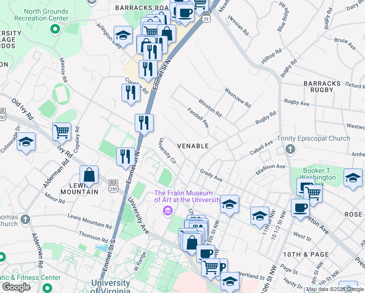 map of restaurants, bars, coffee shops, grocery stores, and more near 17 University Circle in Charlottesville