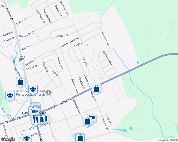 map of restaurants, bars, coffee shops, grocery stores, and more near 118 Dove Drive in Lawrenceburg