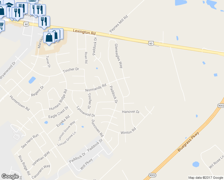 map of restaurants, bars, coffee shops, grocery stores, and more near 200 Paddock Drive in Versailles