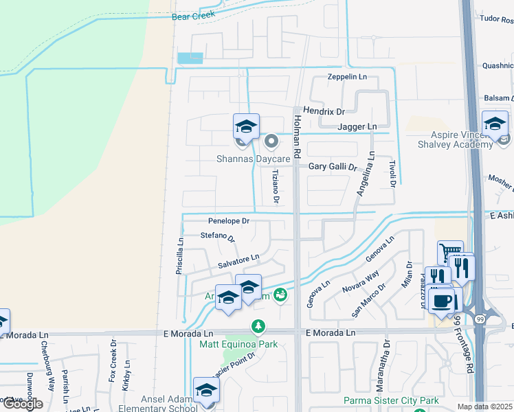 map of restaurants, bars, coffee shops, grocery stores, and more near 3262 Zaccaria Way in Stockton