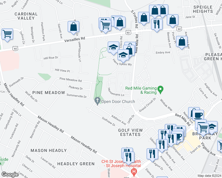 map of restaurants, bars, coffee shops, grocery stores, and more near 1151 Horsemans Lane in Lexington
