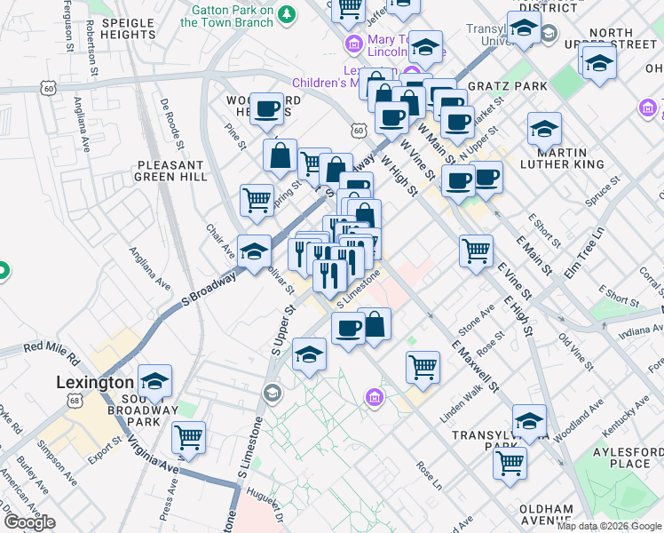 map of restaurants, bars, coffee shops, grocery stores, and more near 500 South Upper Street in Lexington