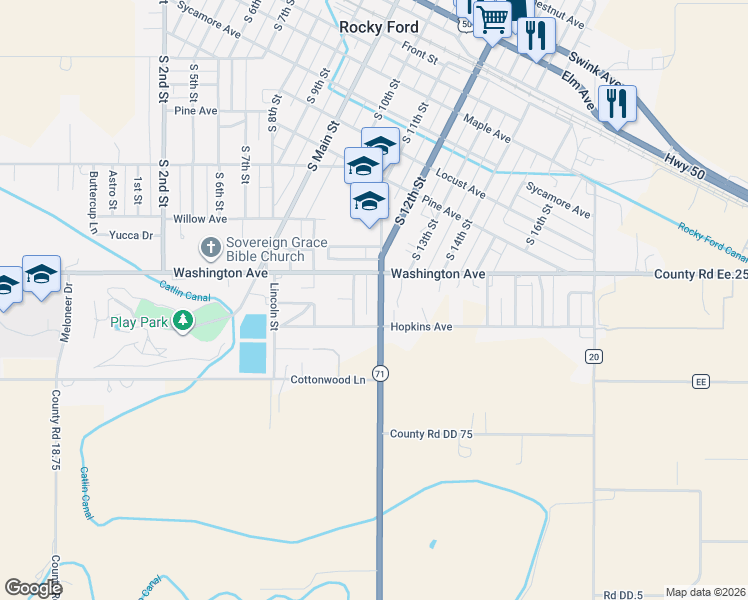 map of restaurants, bars, coffee shops, grocery stores, and more near 1117 South 12th Street in Rocky Ford