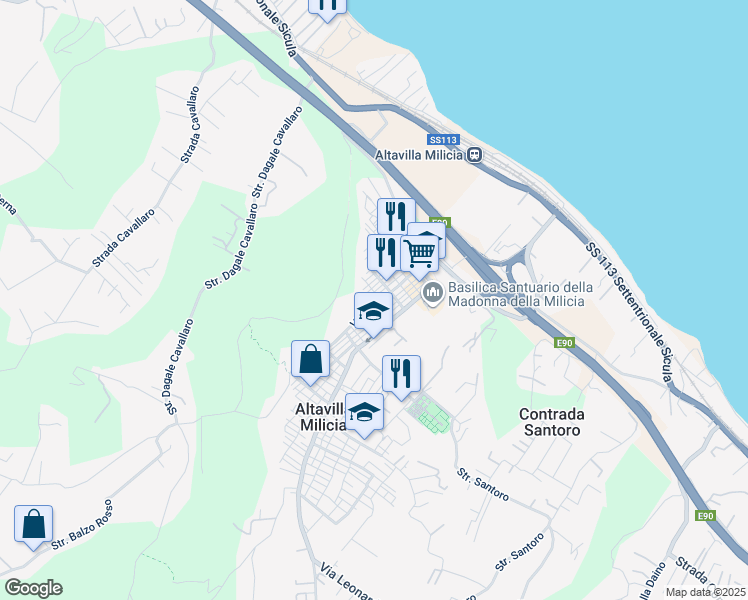 map of restaurants, bars, coffee shops, grocery stores, and more near 34 Via Anime Sante in Altavilla Milicia