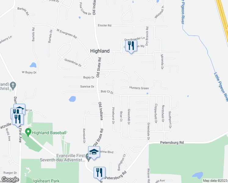 map of restaurants, bars, coffee shops, grocery stores, and more near 7103 Pinehurst Drive in Evansville