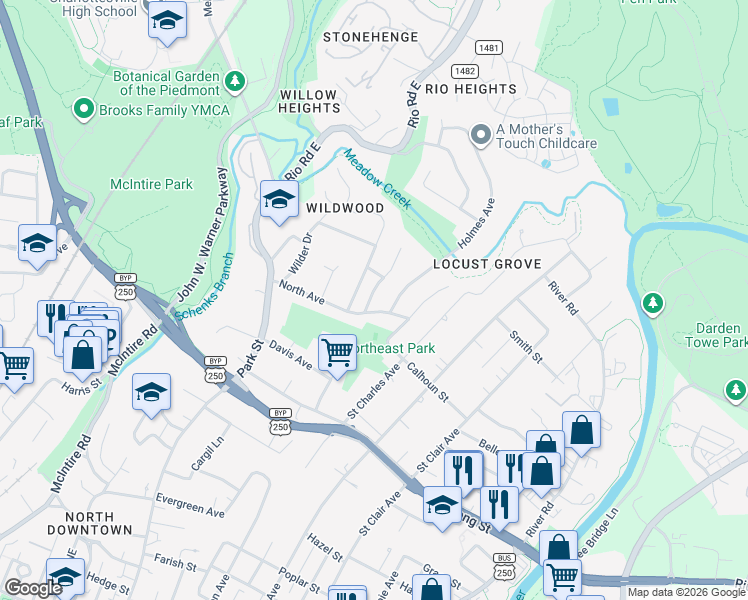 map of restaurants, bars, coffee shops, grocery stores, and more near 626 North Avenue in Charlottesville