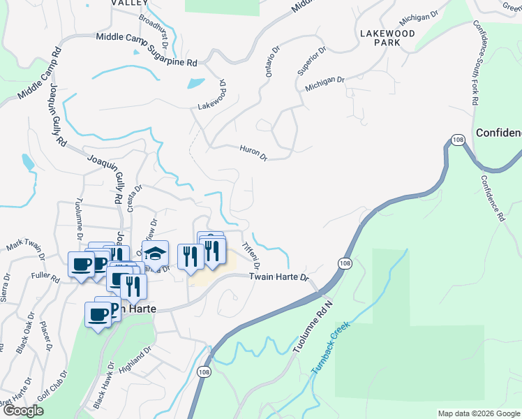 map of restaurants, bars, coffee shops, grocery stores, and more near 23223 Korey Court in Twain Harte