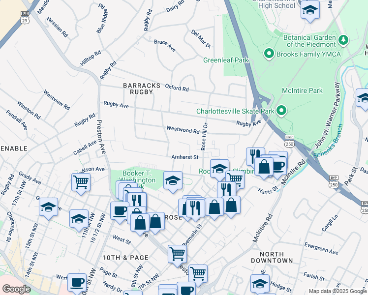 map of restaurants, bars, coffee shops, grocery stores, and more near 1517 Amherst Street in Charlottesville