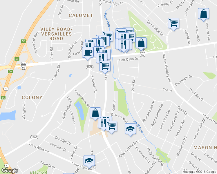 map of restaurants, bars, coffee shops, grocery stores, and more near 1625 Alexandria Drive in Lexington