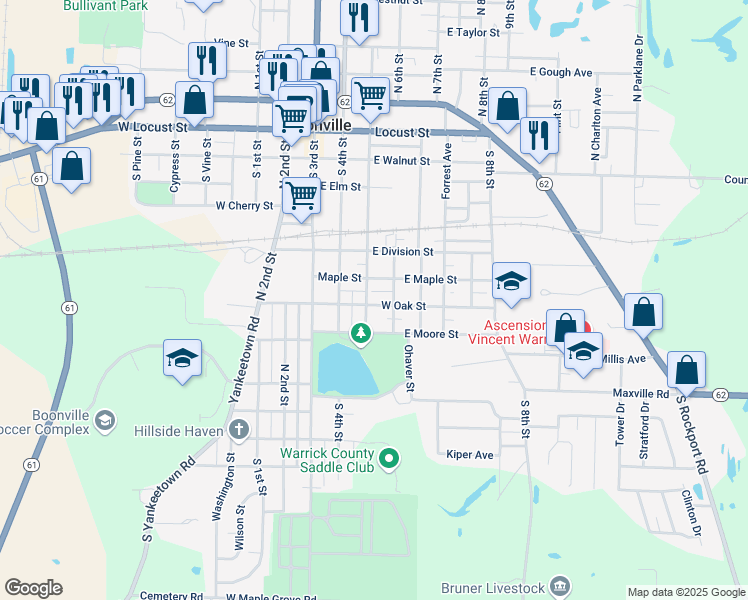 map of restaurants, bars, coffee shops, grocery stores, and more near 315 East Oak Street in Boonville