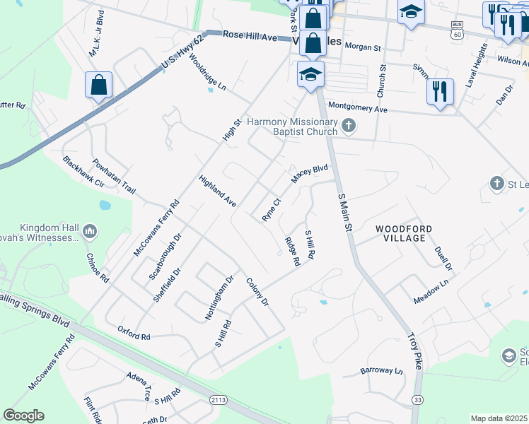 map of restaurants, bars, coffee shops, grocery stores, and more near 121 Ridge Road in Versailles