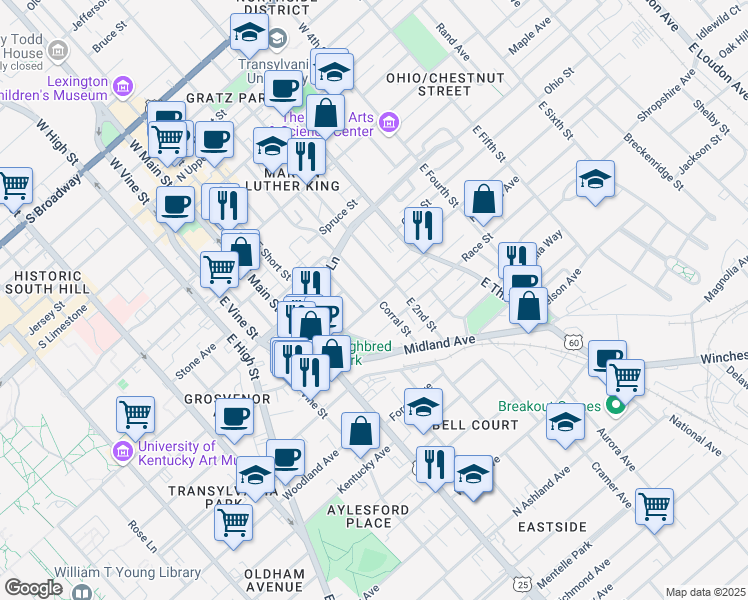 map of restaurants, bars, coffee shops, grocery stores, and more near 167 Eastern Avenue in Lexington