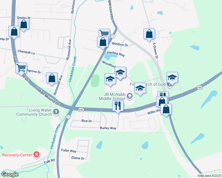 map of restaurants, bars, coffee shops, grocery stores, and more near 682 Woodford Drive in Mount Sterling