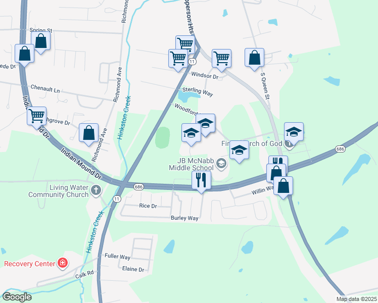 map of restaurants, bars, coffee shops, grocery stores, and more near 682 Woodford Drive in Mount Sterling
