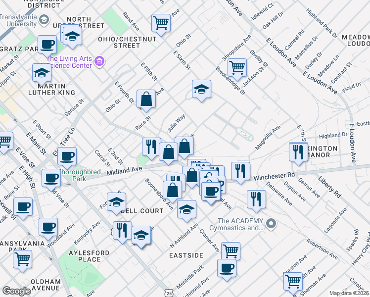 map of restaurants, bars, coffee shops, grocery stores, and more near 326 Nelson Avenue in Lexington