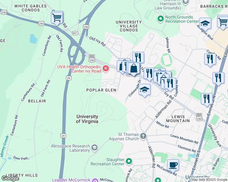 map of restaurants, bars, coffee shops, grocery stores, and more near 411 Samara Court in Charlottesville