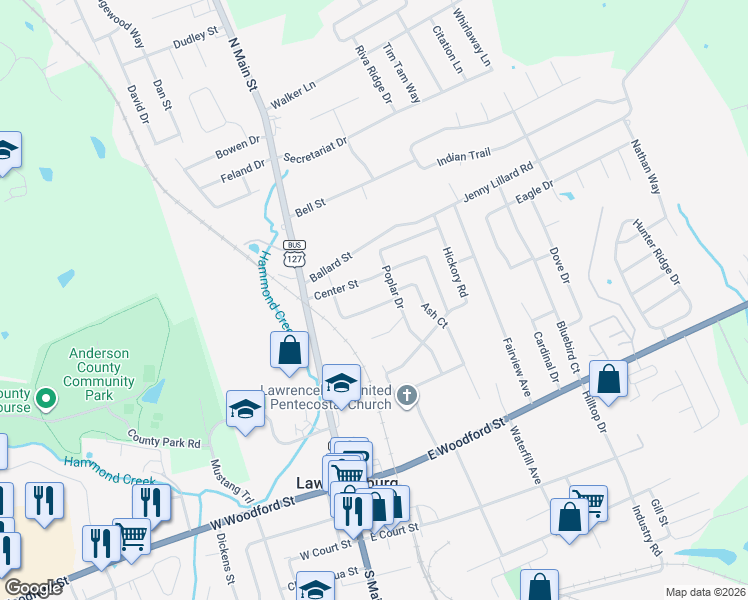 map of restaurants, bars, coffee shops, grocery stores, and more near 210 Diamond Street in Lawrenceburg