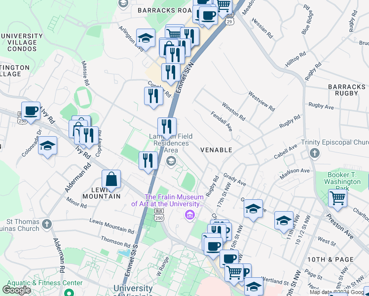 map of restaurants, bars, coffee shops, grocery stores, and more near 30 University Circle in Charlottesville