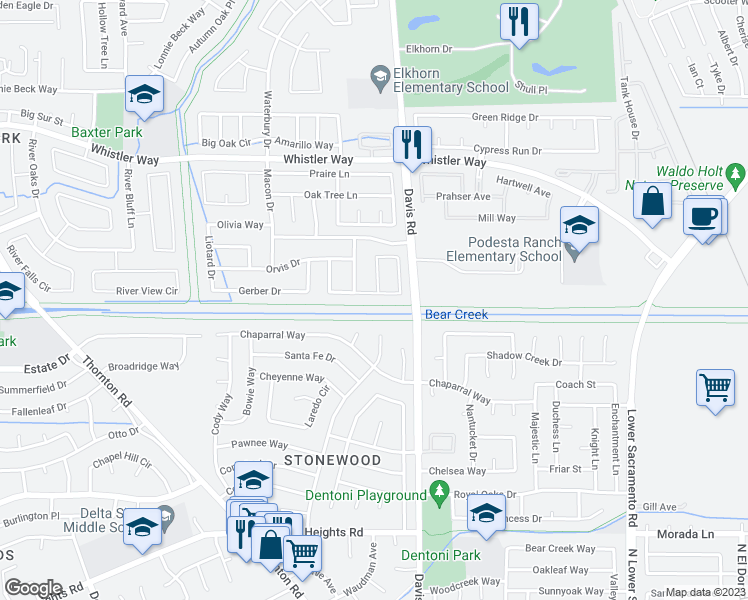 map of restaurants, bars, coffee shops, grocery stores, and more near 1540 Rohde Drive in Stockton