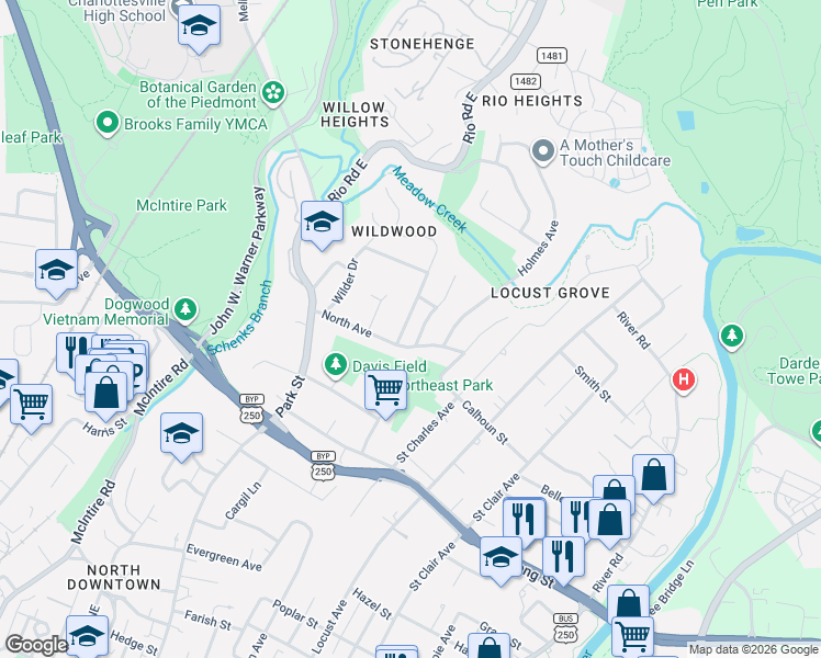 map of restaurants, bars, coffee shops, grocery stores, and more near 626 North Avenue in Charlottesville