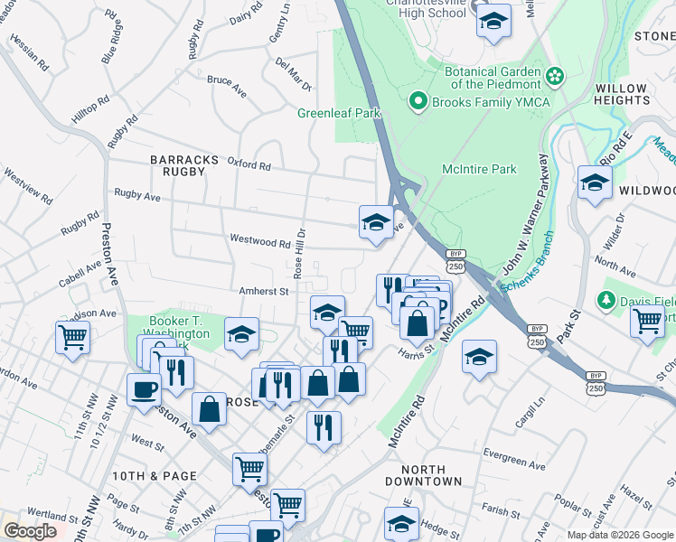 map of restaurants, bars, coffee shops, grocery stores, and more near 105 Westwood Circle in Charlottesville