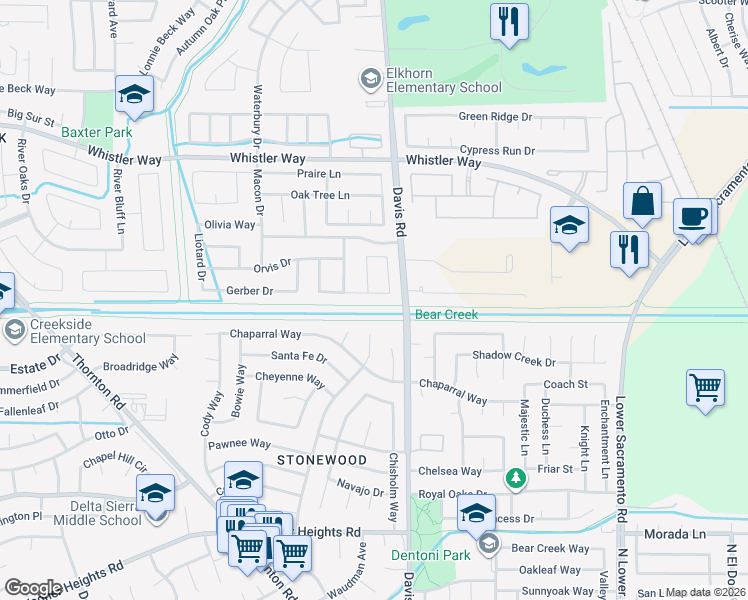 map of restaurants, bars, coffee shops, grocery stores, and more near 1540 Rohde Drive in Stockton