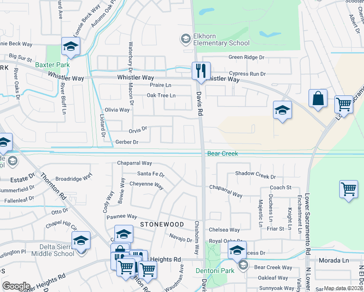 map of restaurants, bars, coffee shops, grocery stores, and more near 1606 Rohde Drive in Stockton