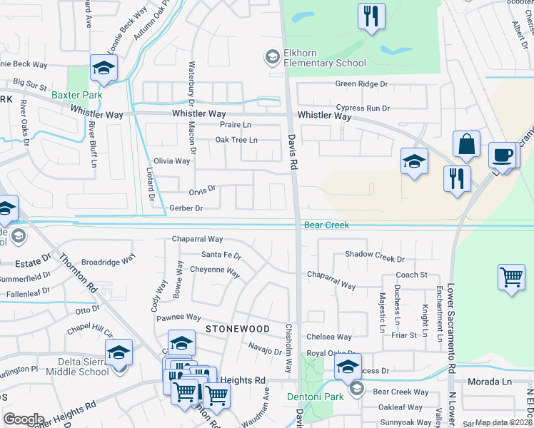 map of restaurants, bars, coffee shops, grocery stores, and more near 1606 Rohde Drive in Stockton