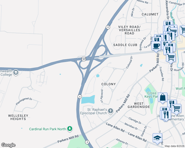 map of restaurants, bars, coffee shops, grocery stores, and more near 4204 John Alden Lane in Lexington