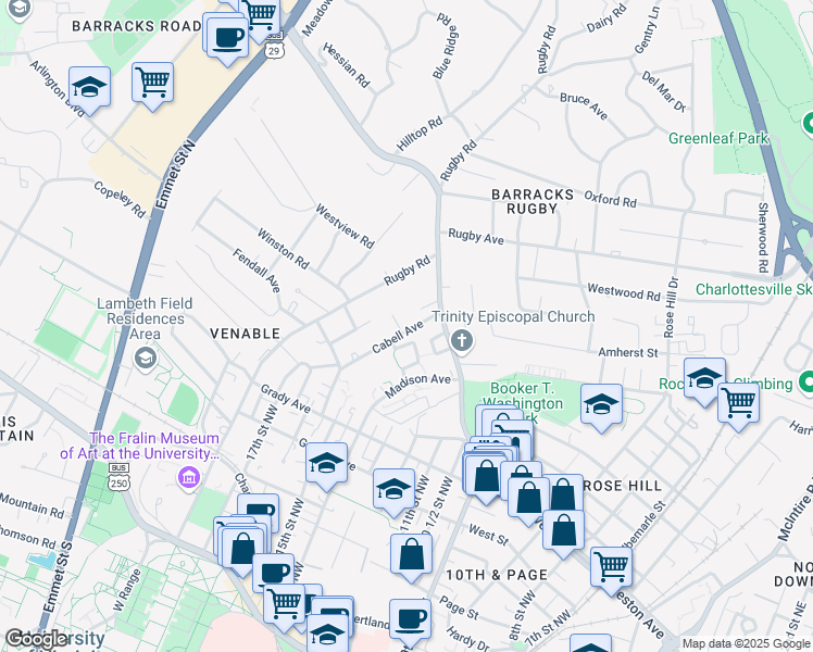 map of restaurants, bars, coffee shops, grocery stores, and more near 100 Stewart Circle in Charlottesville