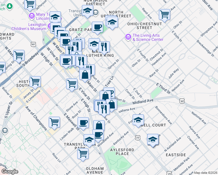 map of restaurants, bars, coffee shops, grocery stores, and more near 326 East Short Street in Lexington