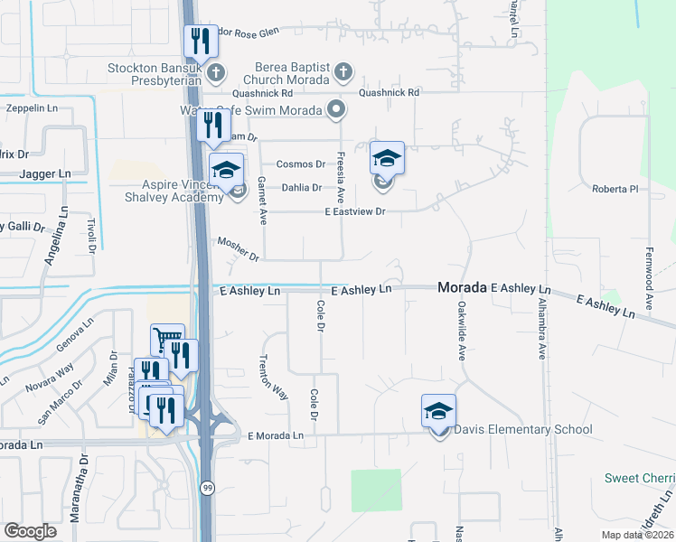 map of restaurants, bars, coffee shops, grocery stores, and more near 9748 Cole Drive in Morada
